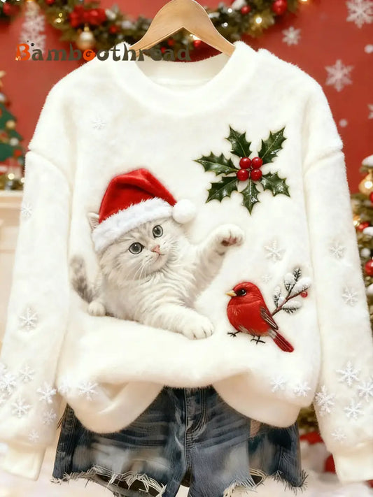 Women’s Cute Christmas Cat Art Print Casual Flannel Sweater White / S