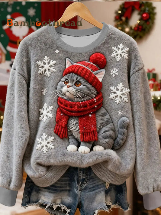 Women’s Cute Christmas Cat Art Print Casual Flannel Sweatshirt Gray / S