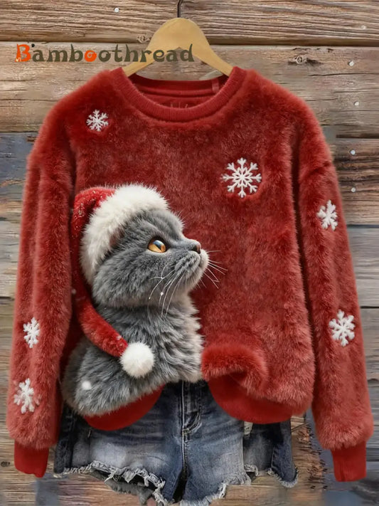 Women’s Cute Christmas Cat Art Print Casual Flannel Sweatshirt Red / S