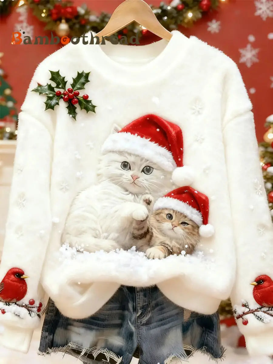 Women’s Cute Christmas Cat Art Print Casual Flannel Sweatshirt White / S