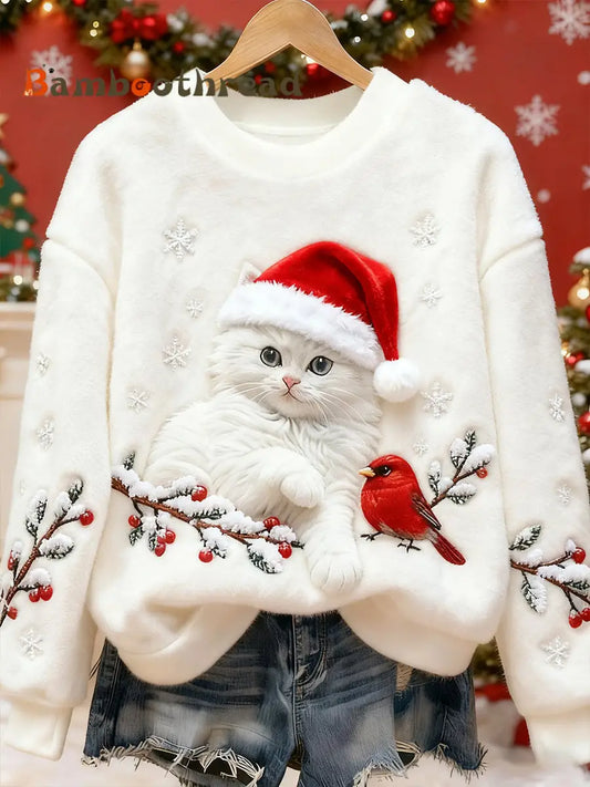 Women’s Cute Christmas Cat Art Print Casual Flannel Sweatshirt White / S