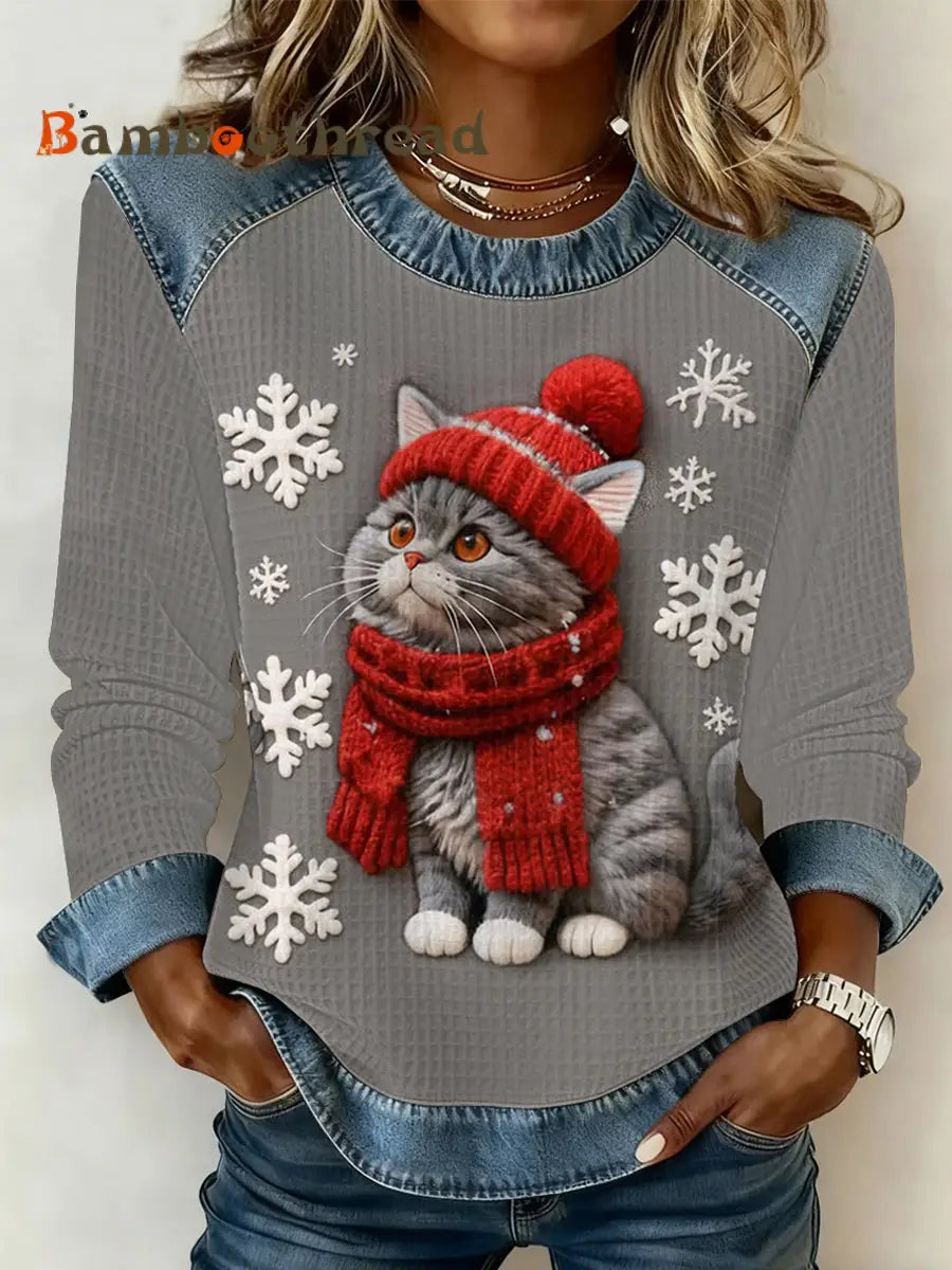 Women’s Cute Christmas Cat Denim Patchwork Top Gray / S