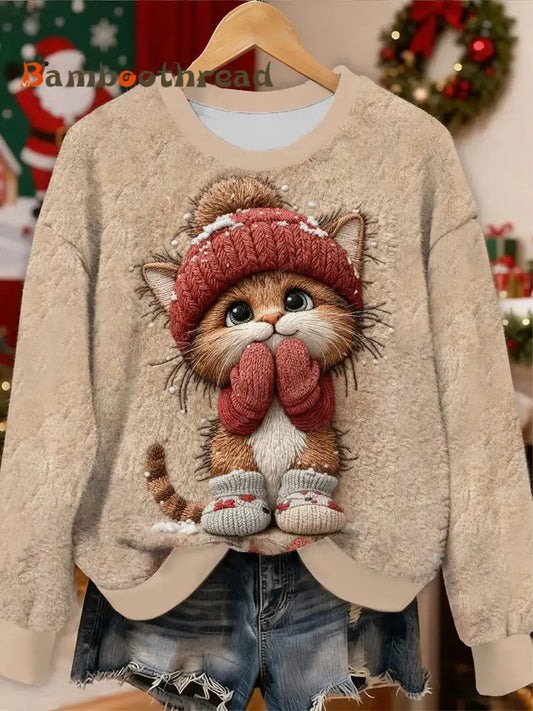 Women’s Cute Christmas Cat Flannel Hoodie As picture / S