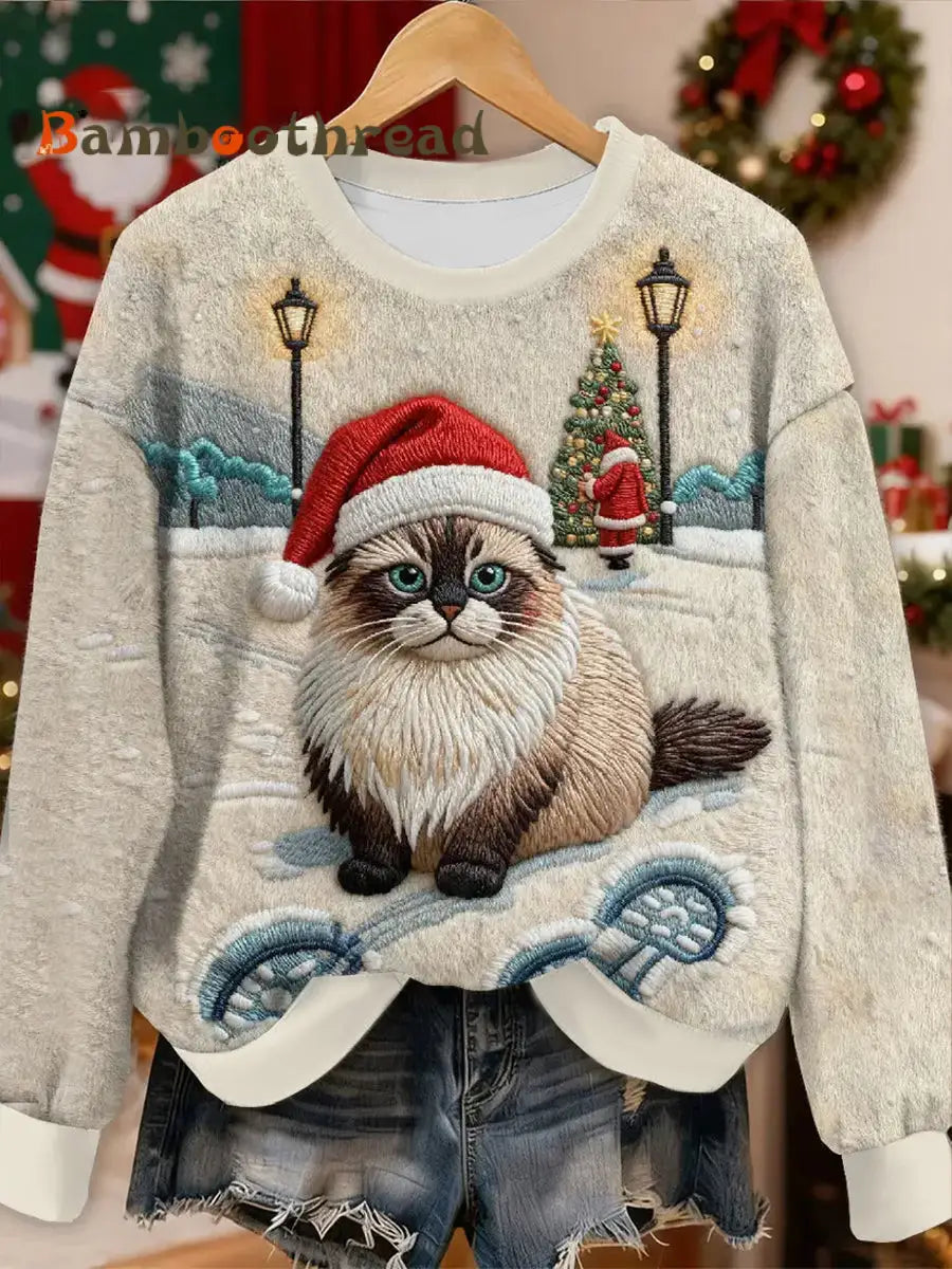 Women’s Cute Christmas Cat Flannel Hoodie As picture / S