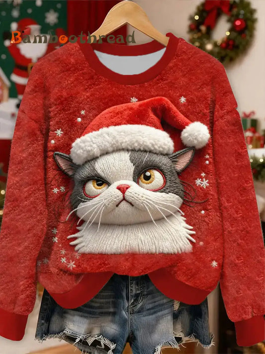 Women’s Cute Christmas Cat Flannel Hoodie Red / S