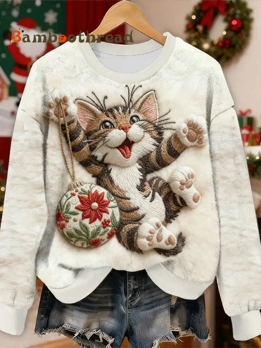 Women’s Cute Christmas Cat Flannel Hoodie White / S