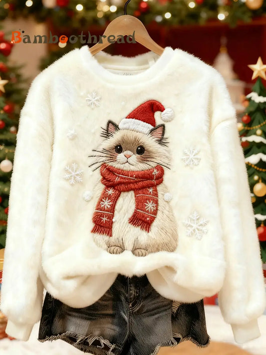 Women’s Cute Christmas Cat Print Casual Flannel Sweatshirt Creamy-White / S