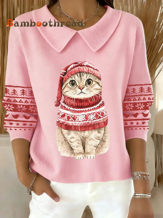 Women’s Cute Christmas Cat Print Cat Lovers Casual Baby Doll Collar Top Pink / S