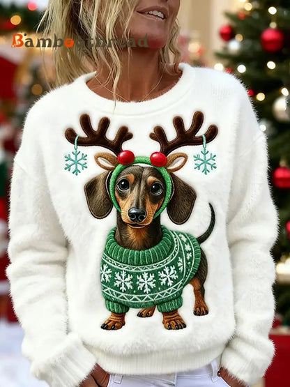 Women’s Cute Christmas Dachshund Pattern Flannel Hoodie