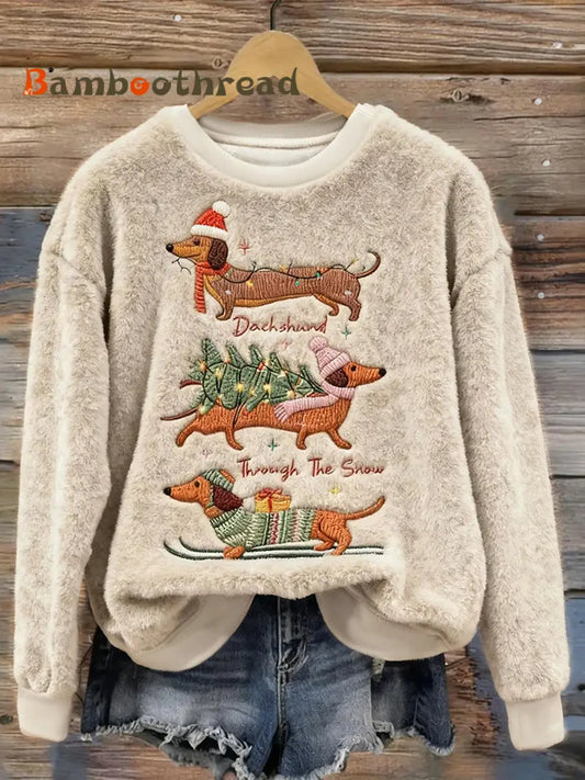 Women’s Cute Christmas Dachshund Pattern Flannel Hoodie As picture / S