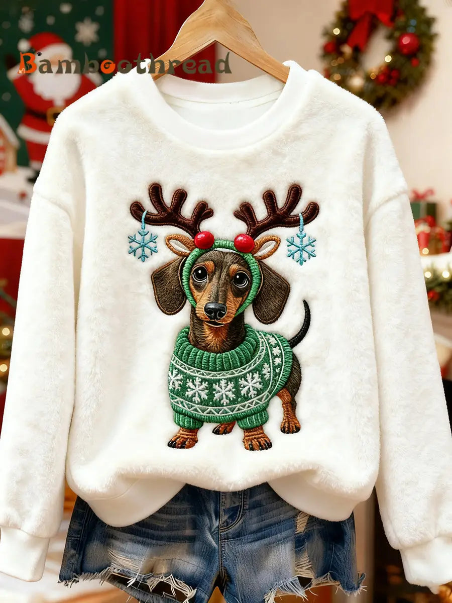 Women’s Cute Christmas Dachshund Pattern Flannel Hoodie White / S