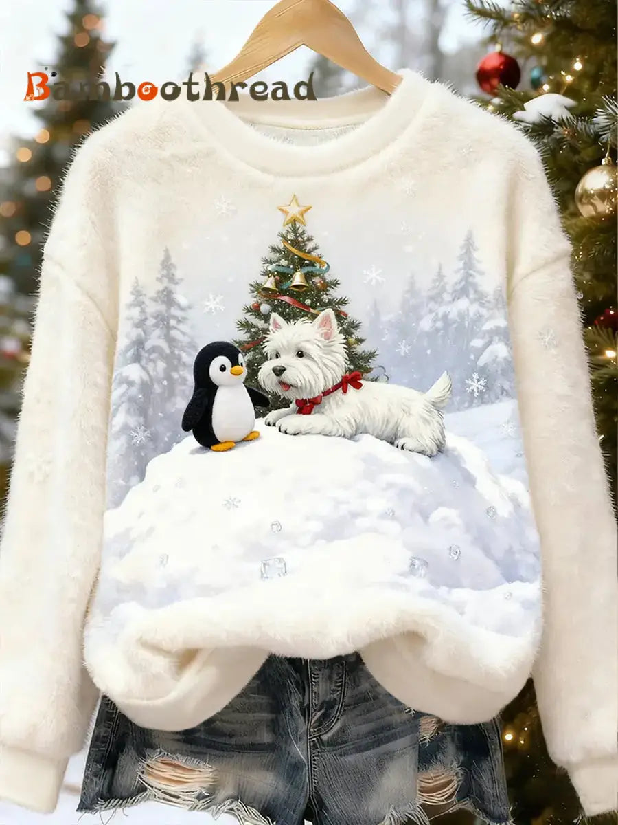 Women’s Cute Christmas Dog Art Flannel Hoodie White / S