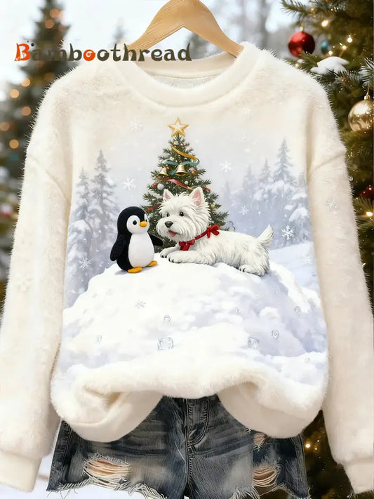 Women’s Cute Christmas Dog Art Flannel Hoodie White / S