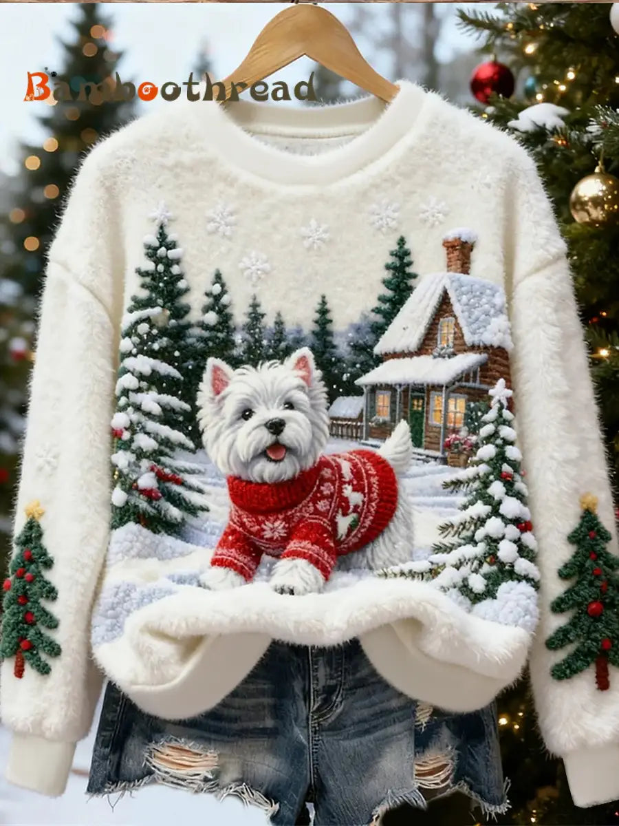 Women’s Cute Christmas Dog Art Print Casual Flannel Sweater As picture / S