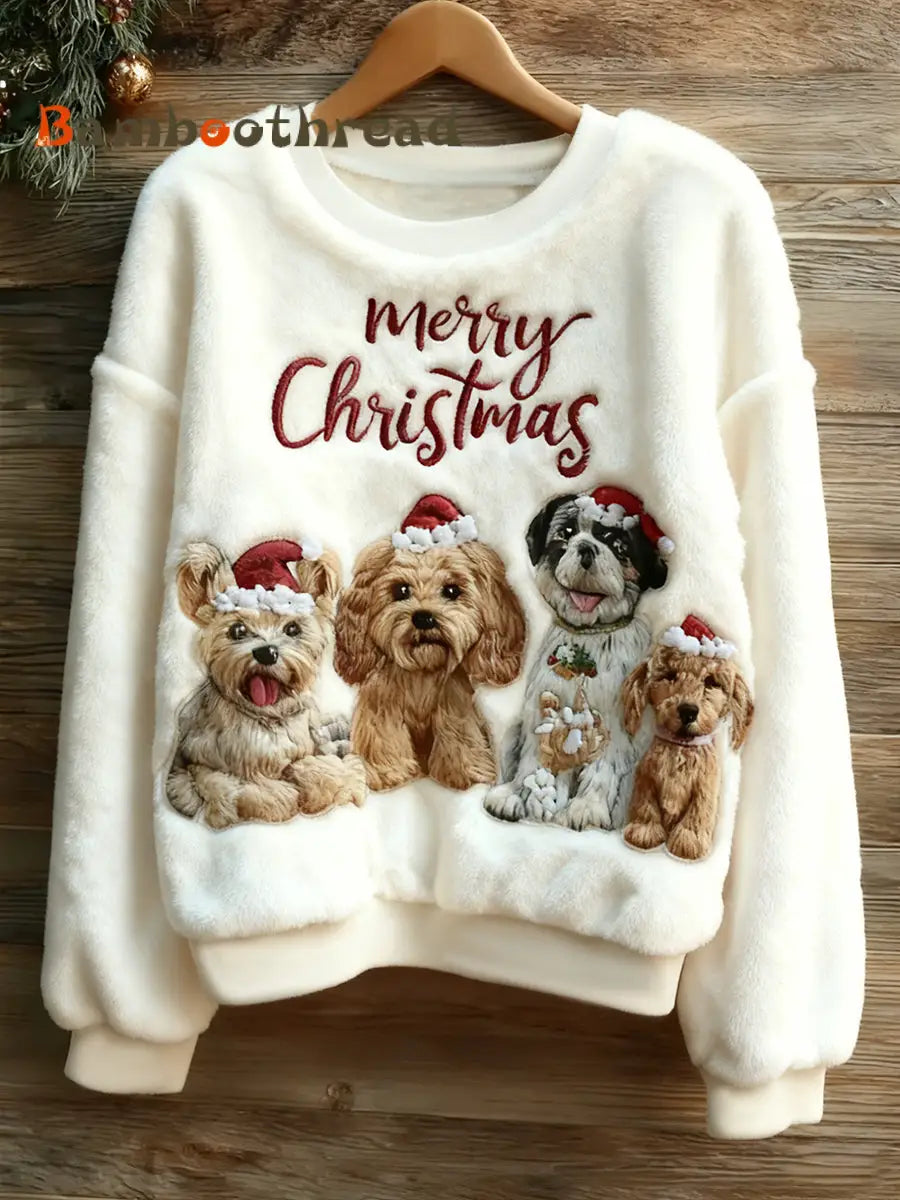 Women’s Cute Christmas Dog Flannel Hoodie White / S