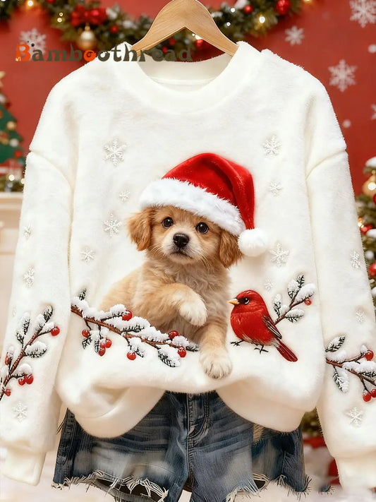 Women’s Cute Christmas Dog Pattern Flannel Hoodie White / S