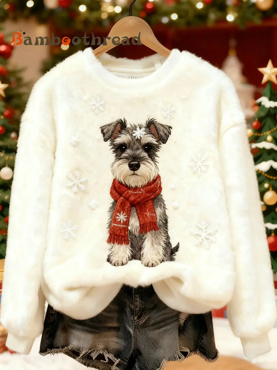 Women’s Cute Christmas Dog Print Casual Flannel Sweatshirt Creamy-White / S