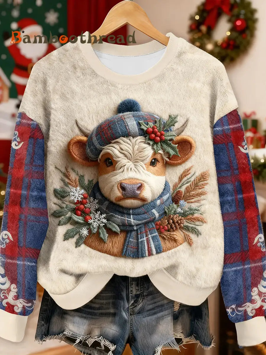 Women’s Cute Christmas Highland Cow Flannel Hoodie As picture / S