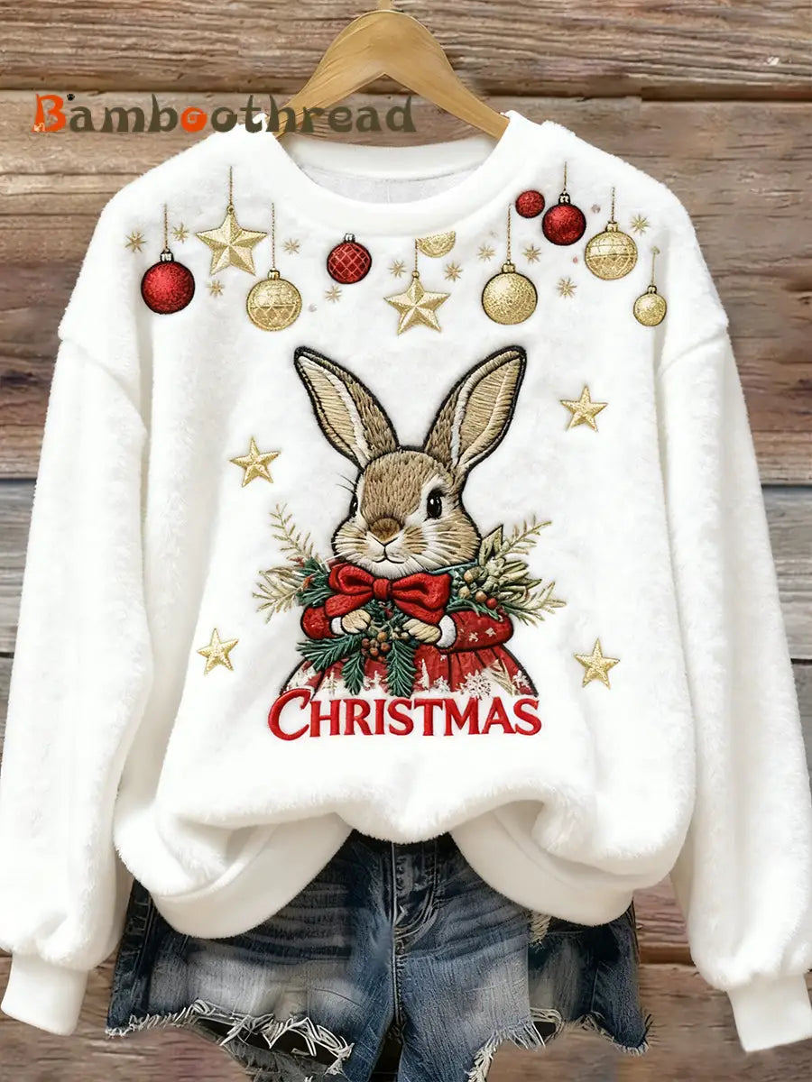 Women’s Cute Christmas Rabbit Flannel Hoodie White / S