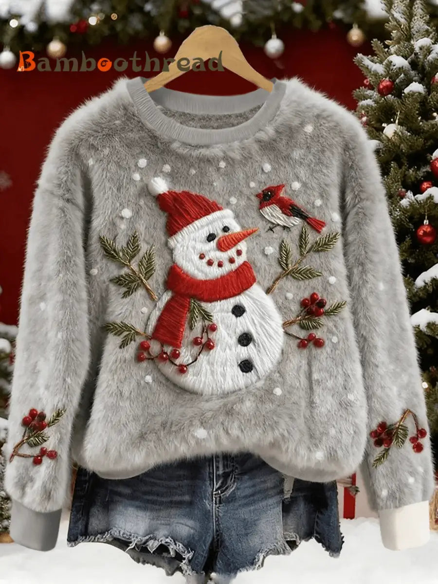 Women’s Cute Christmas Snowman and Red Bird Art Print Casual Flannel Sweater Gray / S