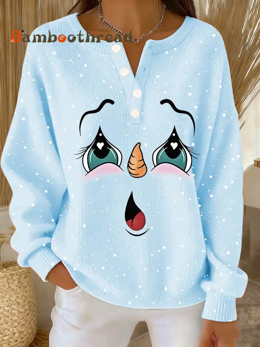 Women‘s Cute Christmas Snowman Print Casual Top Light Blue / S