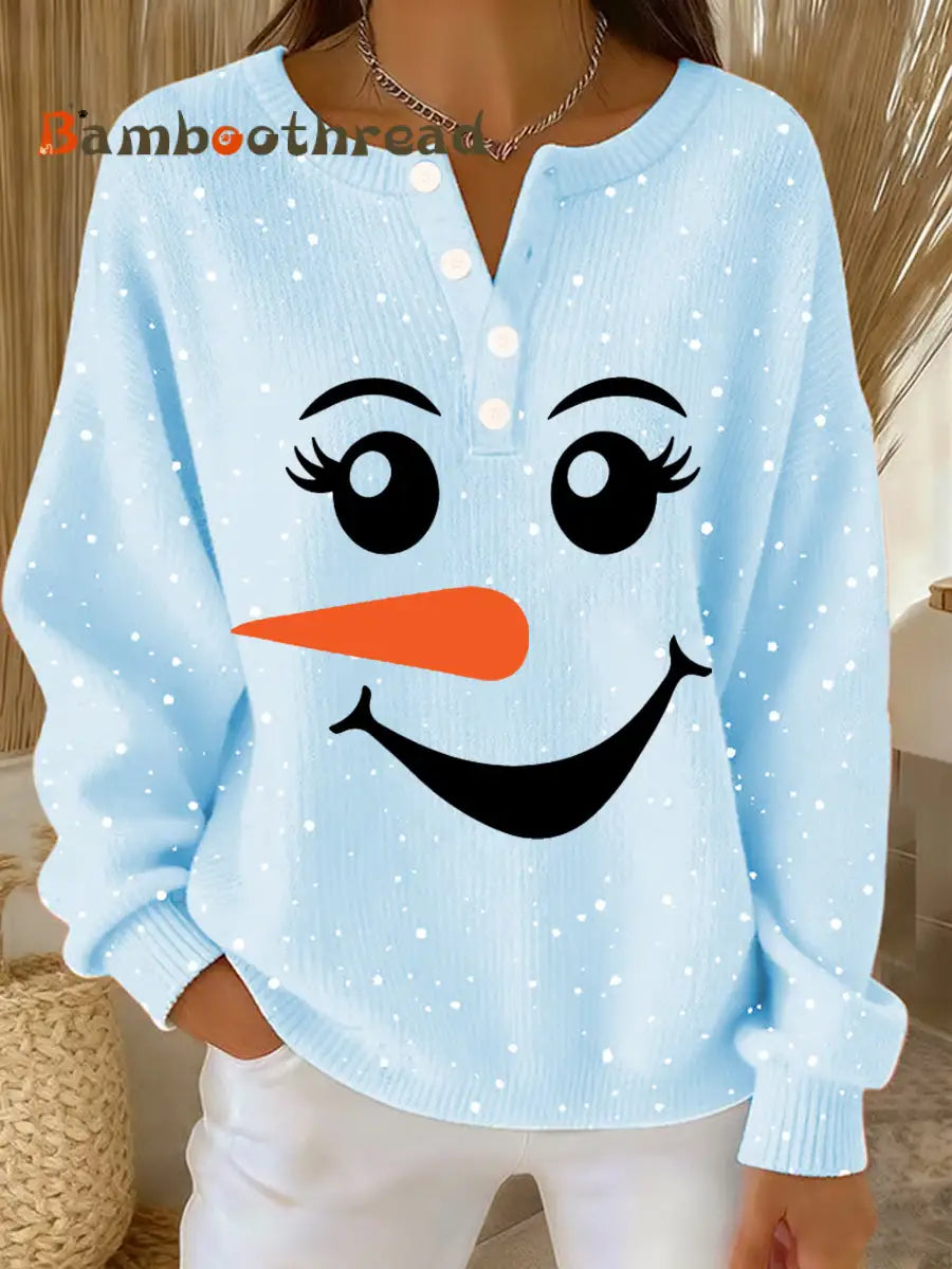 Women‘s Cute Christmas Snowman Print Casual Top Light Blue / S