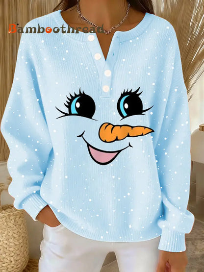 Women‘s Cute Christmas Snowman Print Casual Top Light Blue / S