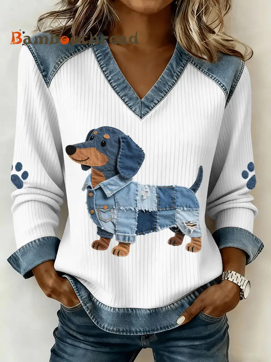Women’s Cute Dachshund Pattern Denim Patchwork Art V-Neck Top White / S
