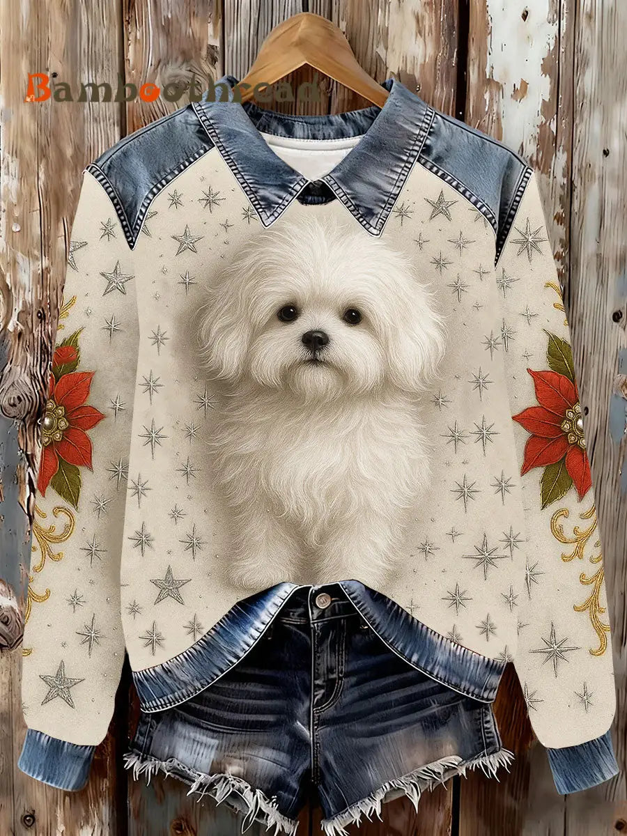 Women’s Cute Dog Art Casual Top Beige / S