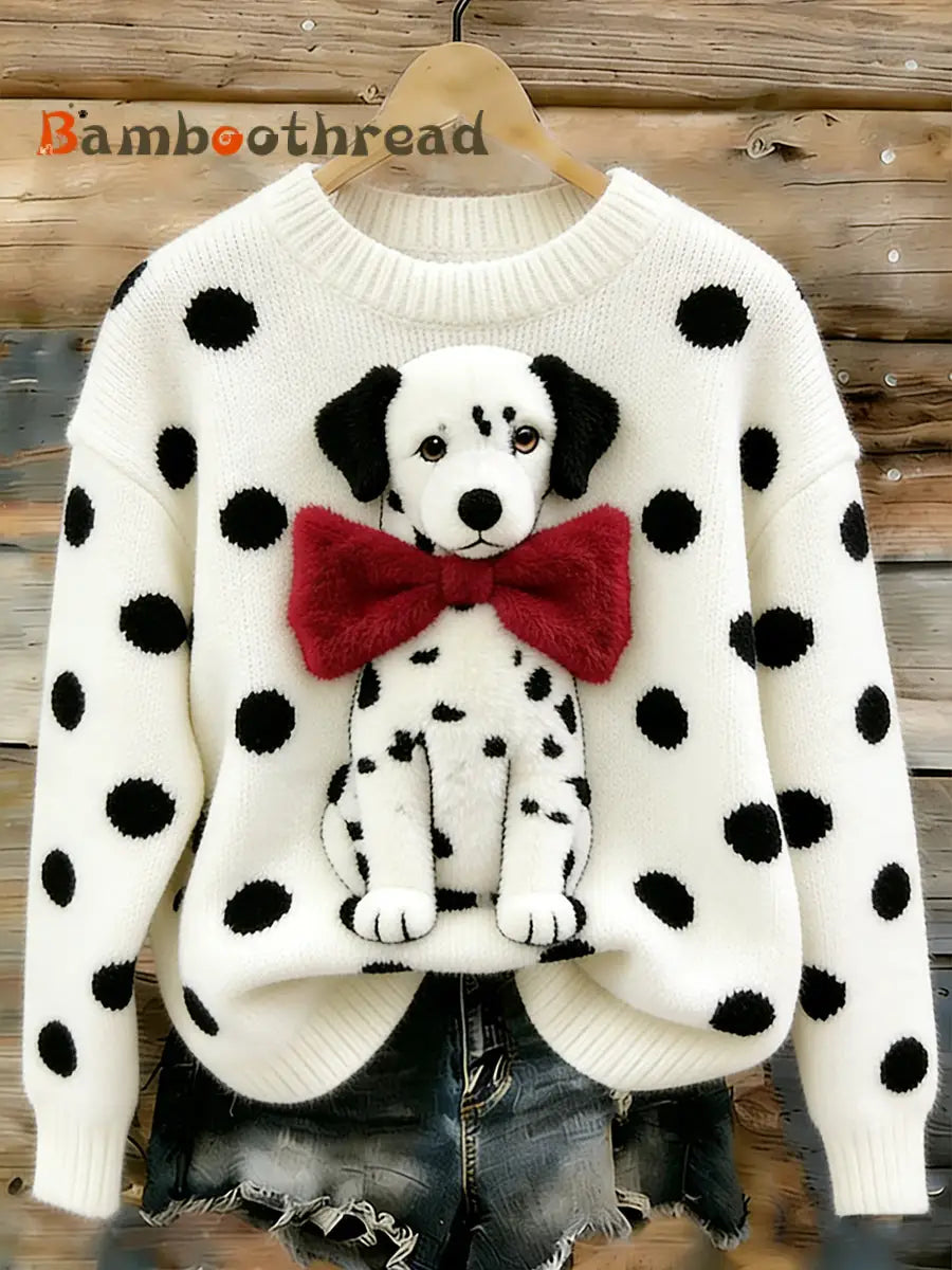 Women’s Cute Dog Art Crew Neck Sweater White / S