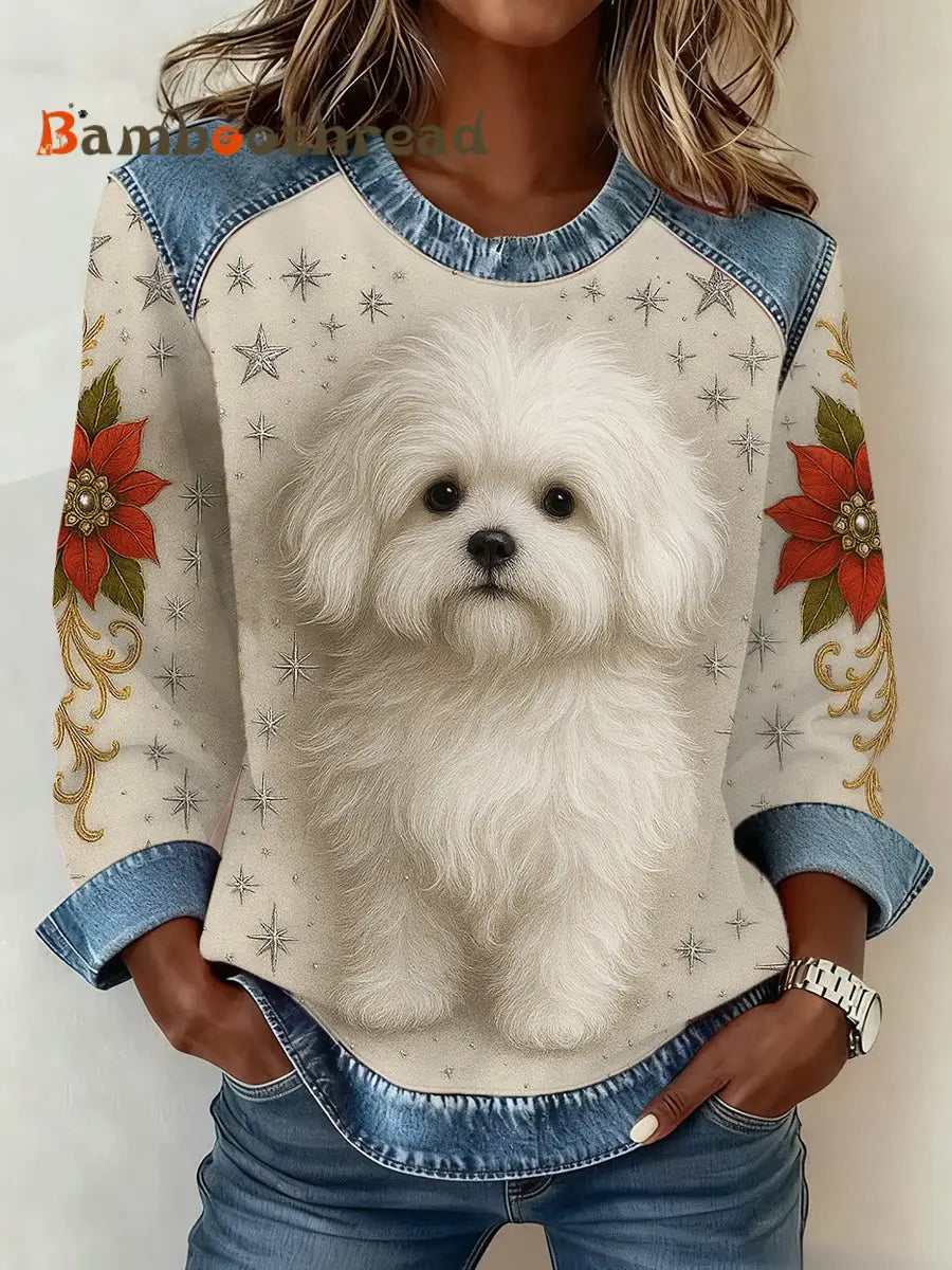 Women’s Cute Dog Art Denim Patchwork Top Beige / S