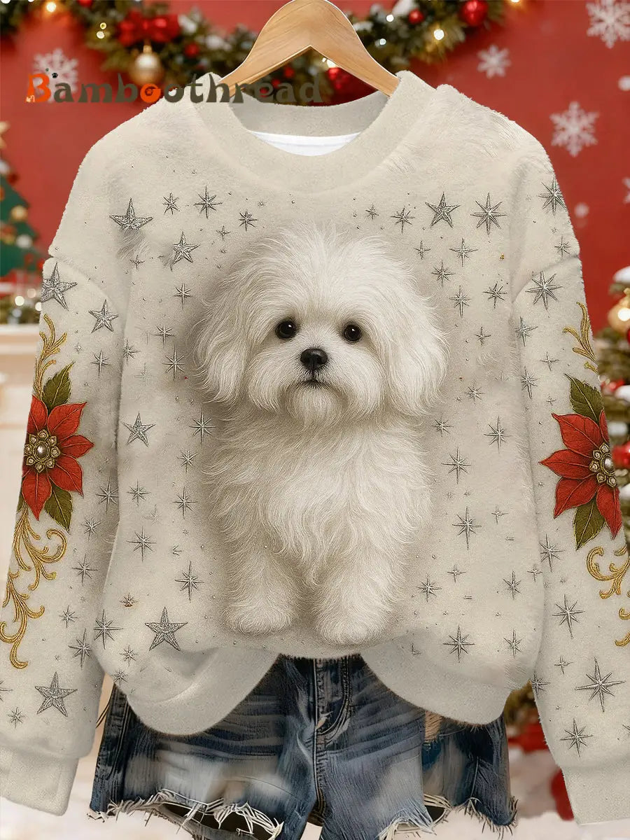 Women’s Cute Dog Art Flannel Hoodie Beige / S