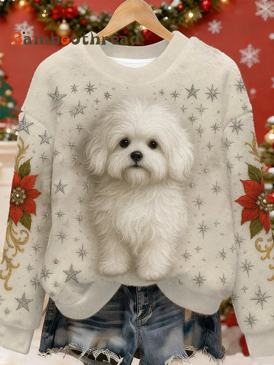 Women’s Cute Dog Art Flannel Hoodie Beige / S