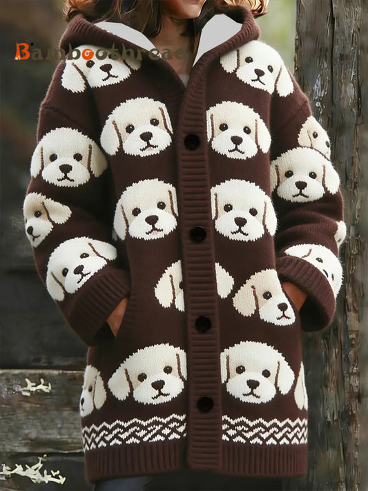 Women’s Cute Dog Composite Fleece Long Coat Red-Brown / S