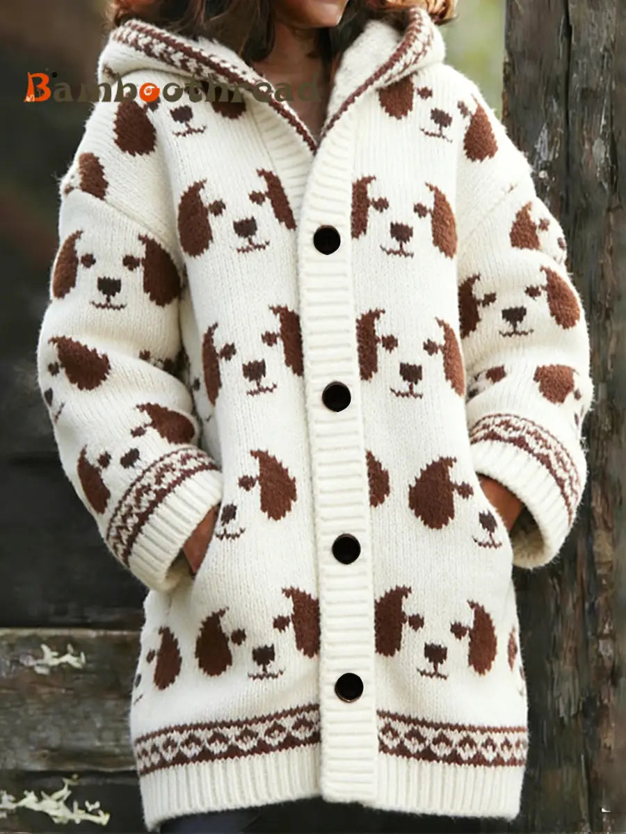 Women’s Cute Dog Composite Fleece Long Coat White / S
