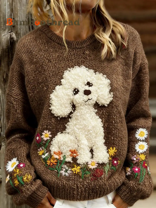 Women’s Cute Dog Floral Print Casual Sweater S