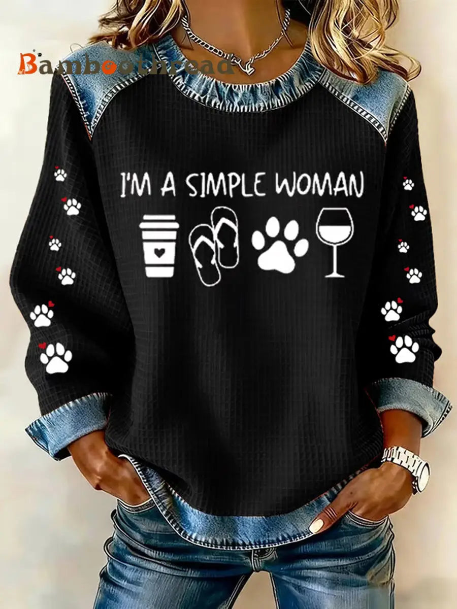 Women’s Cute Dog Paws Printed Denim Patchwork Top Black / S