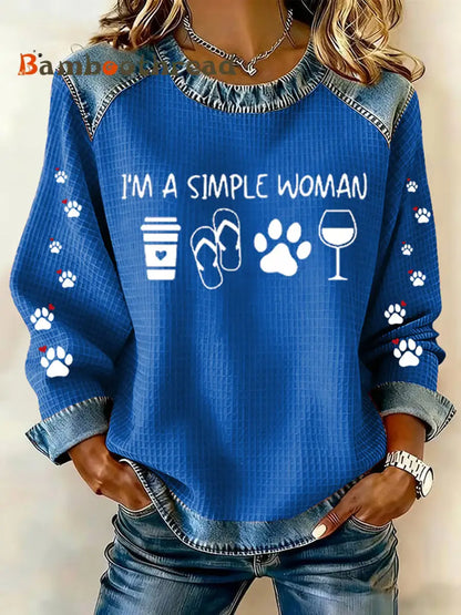 Women’s Cute Dog Paws Printed Denim Patchwork Top Blue / S