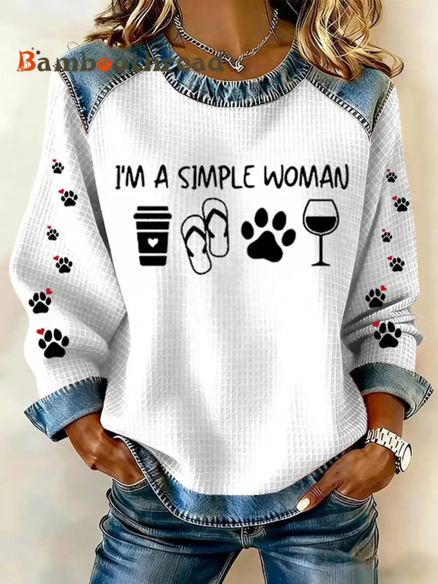 Women’s Cute Dog Paws Printed Denim Patchwork Top White / S
