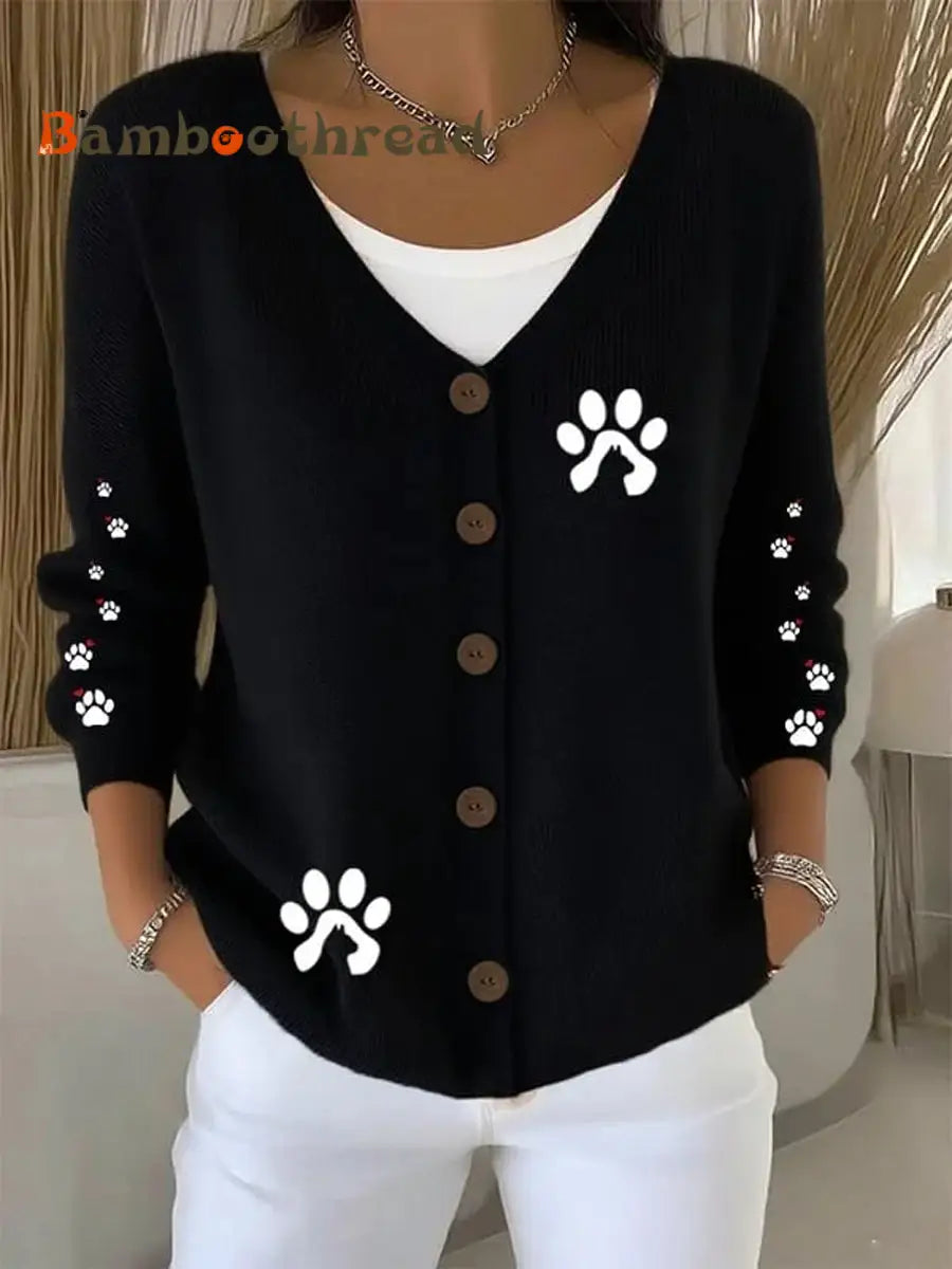 Women’s Cute Dog Print Casual Cardigan Black / S