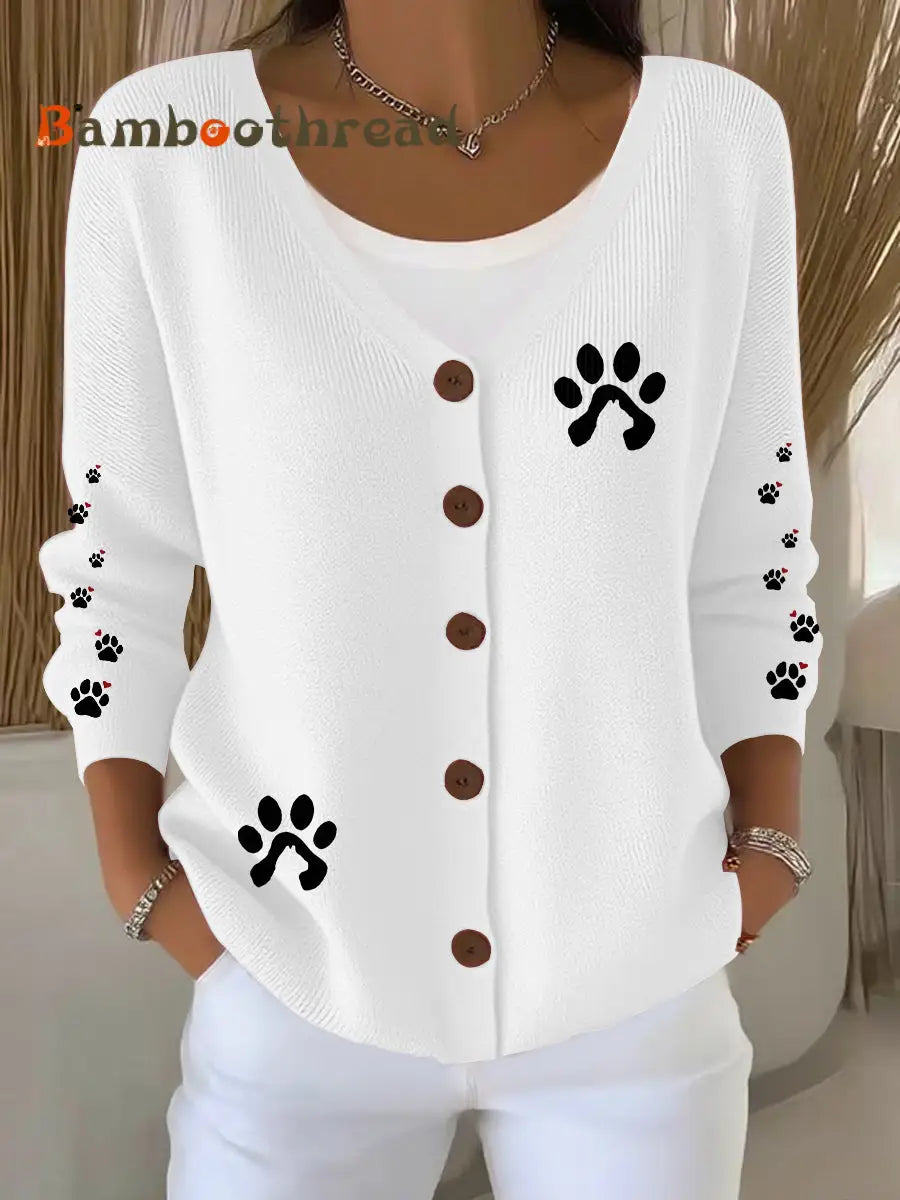 Women’s Cute Dog Print Casual Cardigan White / S