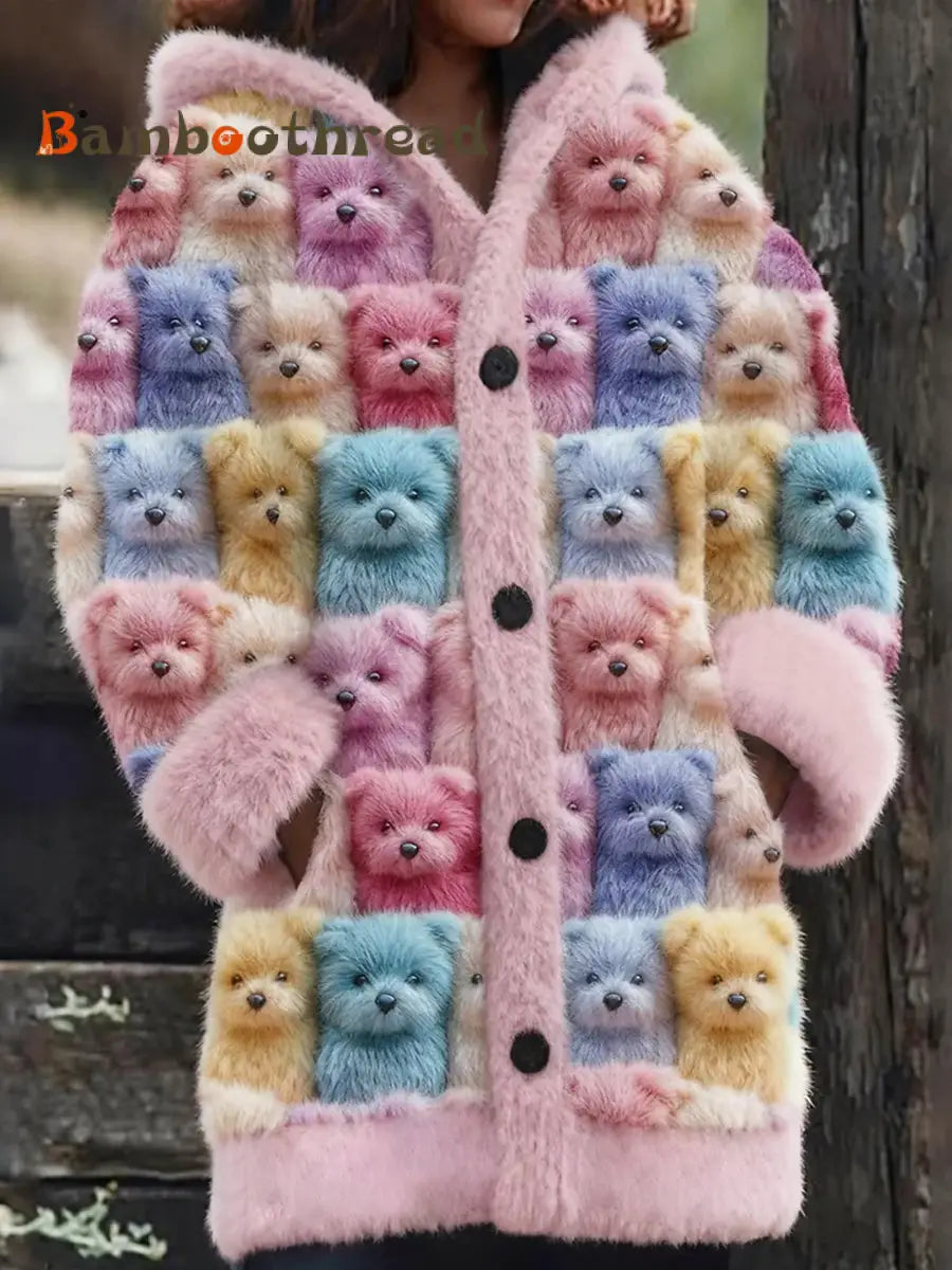 Women’s Cute Dog Print Casual Mid-Length Plush Hooded Coat Pink / S