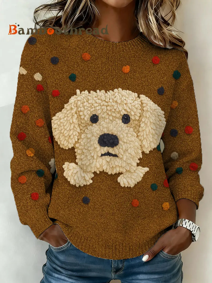 Women’s Cute Dog Print Casual Sweater Brown / S