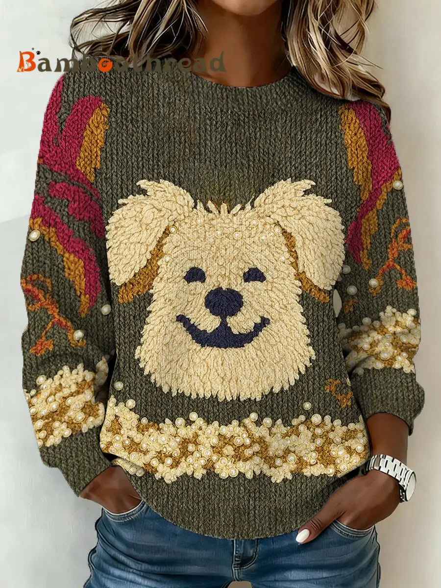 Women’s Cute Dog Print Casual Sweater Dark Green / S