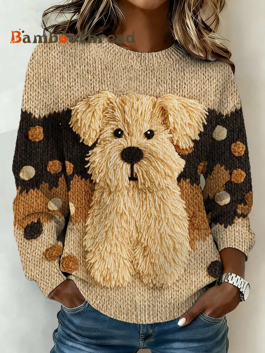 Women’s Cute Dog Print Casual Sweater Khaki / S