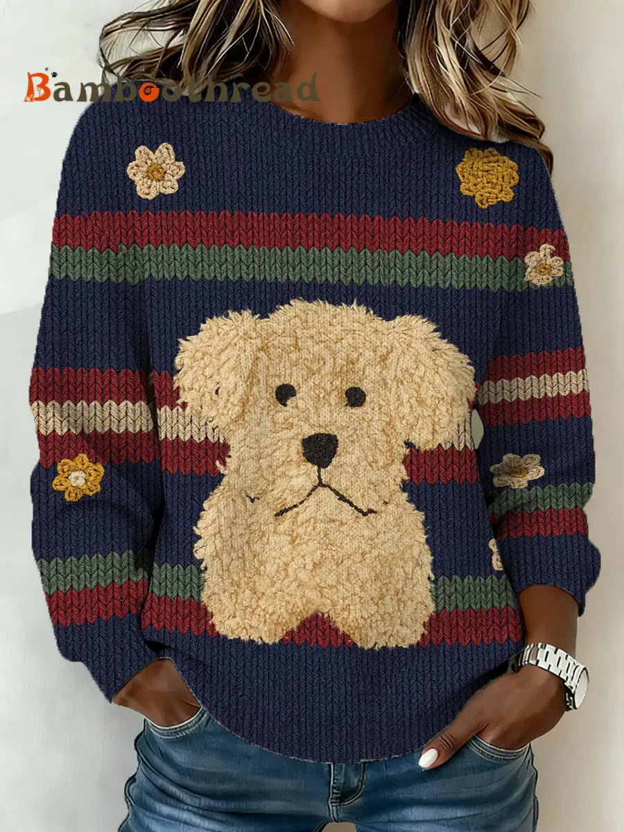 Women’s Cute Dog Print Casual Sweater Navy Blue / S