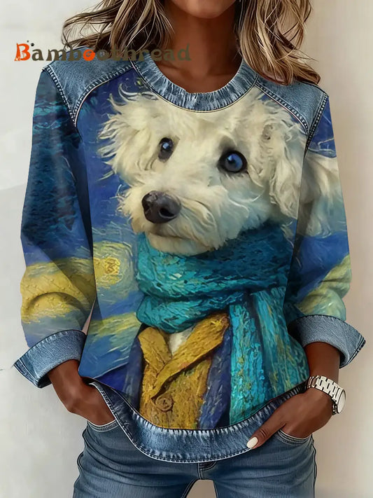 Women’s cute dog print Denim Patchwork Top As picture / S