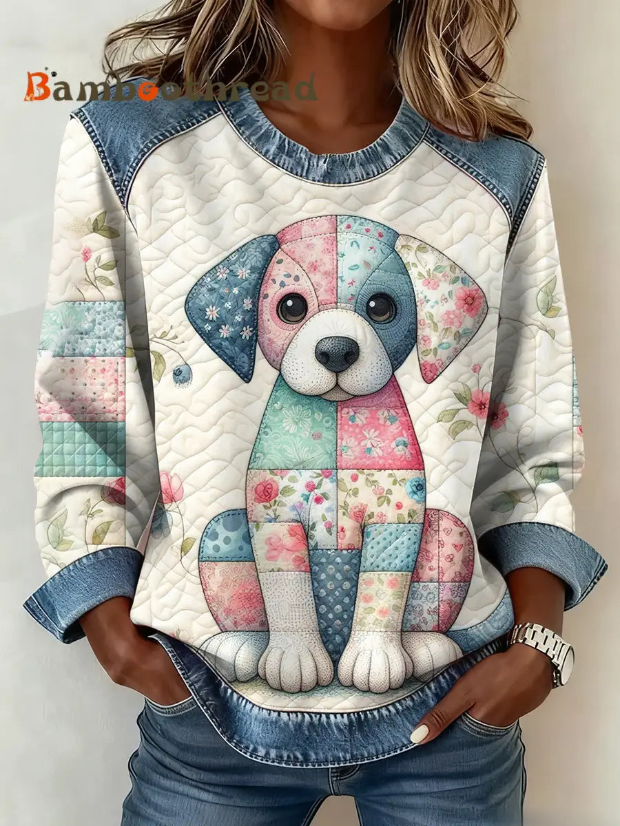 Women’s cute dog print Denim Patchwork Top As picture / S