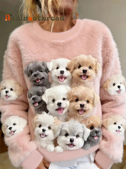 Women’s Cute Dogs Flannel Sweatshirt Light Pink / S