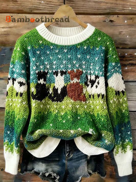 Women’s Cute Dogs Pattern Printed Round Neck Sweater As picture / S